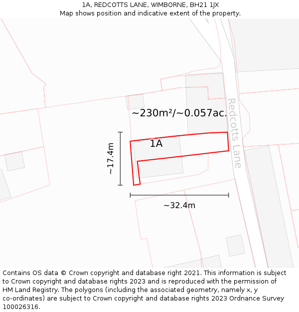 1A, REDCOTTS LANE, WIMBORNE, BH21 1JX: Plot and title map