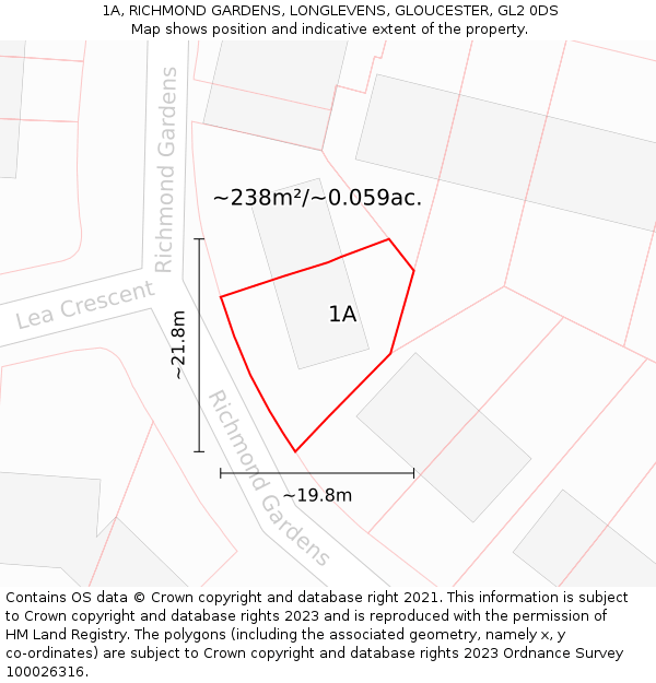 1A, RICHMOND GARDENS, LONGLEVENS, GLOUCESTER, GL2 0DS: Plot and title map