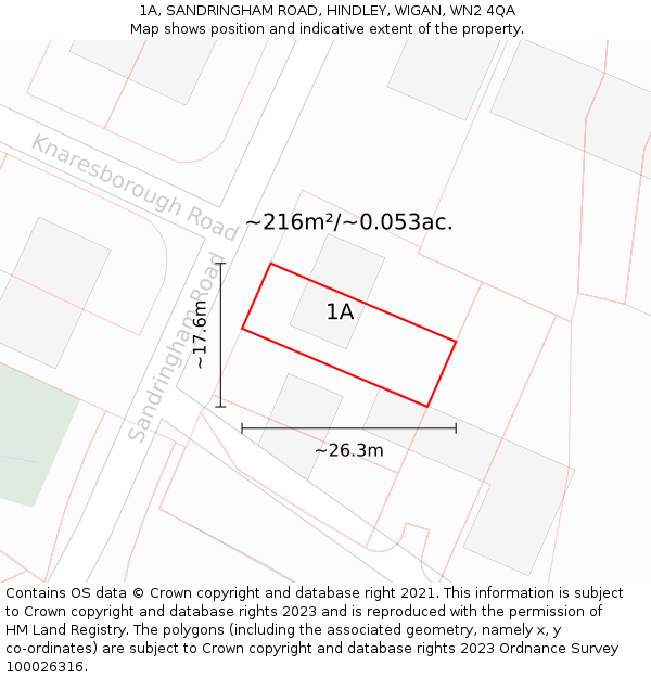 1A, SANDRINGHAM ROAD, HINDLEY, WIGAN, WN2 4QA: Plot and title map