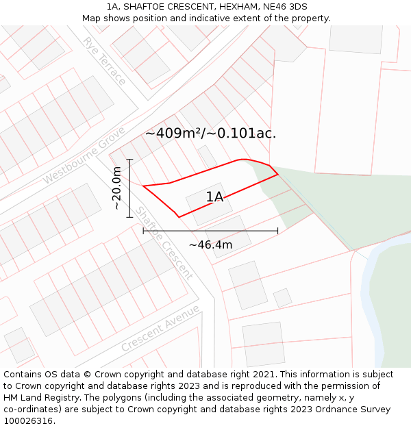 1A, SHAFTOE CRESCENT, HEXHAM, NE46 3DS: Plot and title map