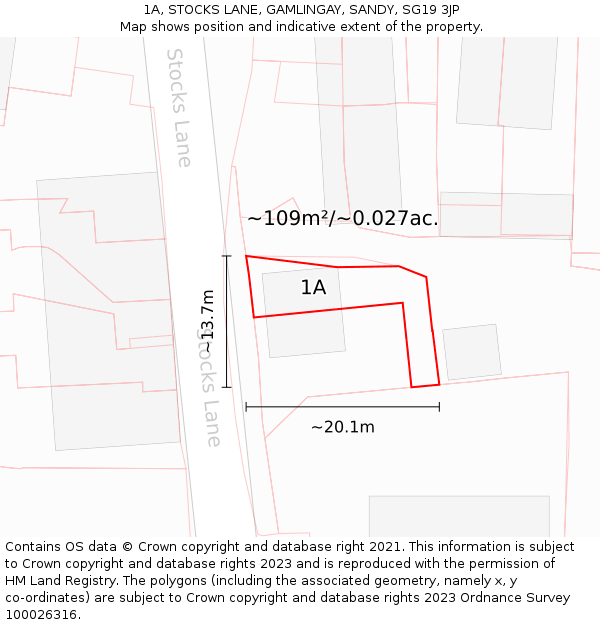 1A, STOCKS LANE, GAMLINGAY, SANDY, SG19 3JP: Plot and title map