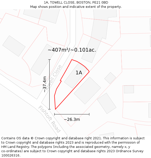 1A, TOWELL CLOSE, BOSTON, PE21 0BD: Plot and title map