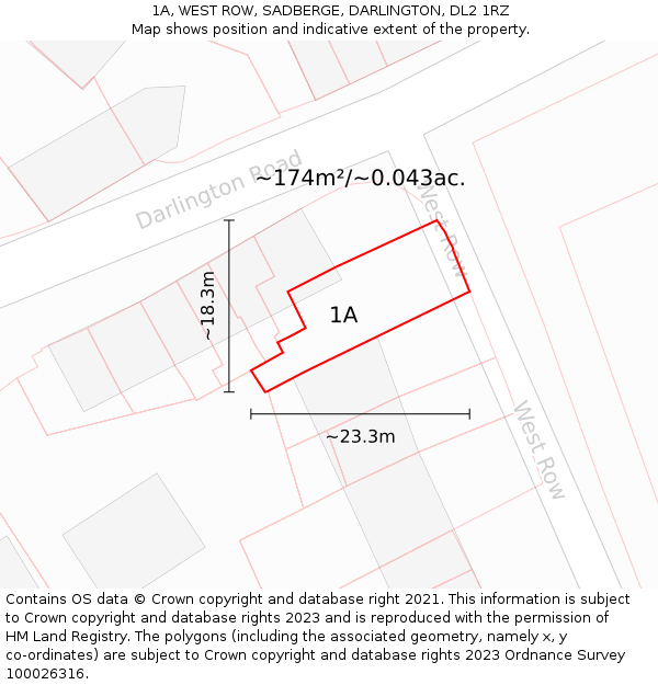 1A, WEST ROW, SADBERGE, DARLINGTON, DL2 1RZ: Plot and title map