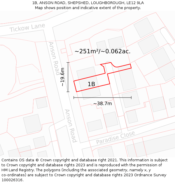 1B, ANSON ROAD, SHEPSHED, LOUGHBOROUGH, LE12 9LA: Plot and title map
