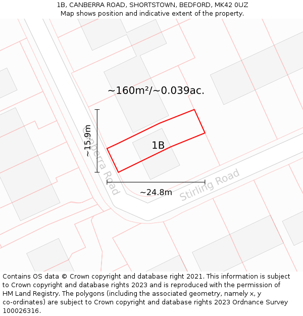 1B, CANBERRA ROAD, SHORTSTOWN, BEDFORD, MK42 0UZ: Plot and title map