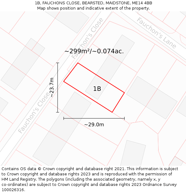 1B, FAUCHONS CLOSE, BEARSTED, MAIDSTONE, ME14 4BB: Plot and title map