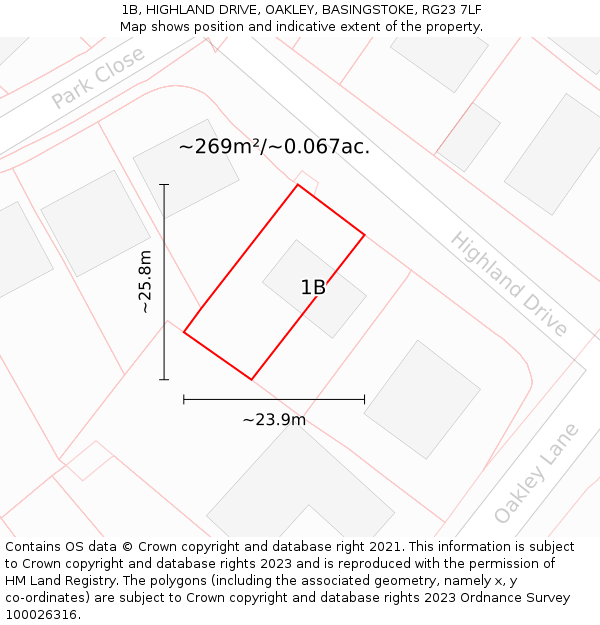 1B, HIGHLAND DRIVE, OAKLEY, BASINGSTOKE, RG23 7LF: Plot and title map