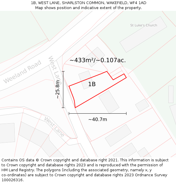 1B, WEST LANE, SHARLSTON COMMON, WAKEFIELD, WF4 1AD: Plot and title map