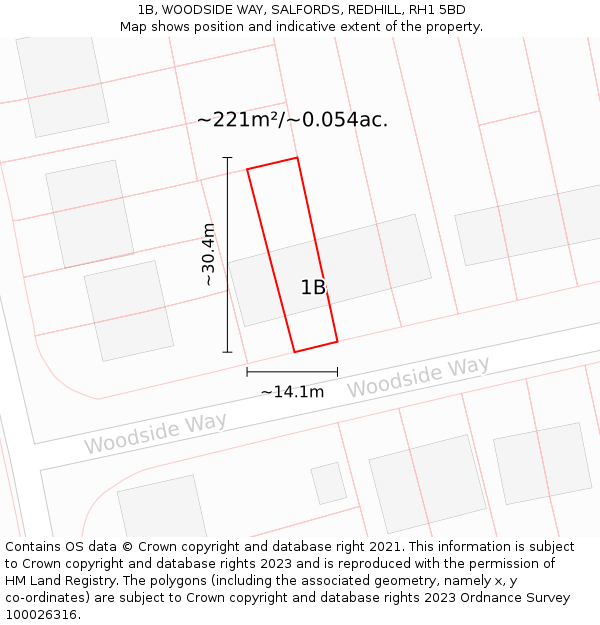 1B, WOODSIDE WAY, SALFORDS, REDHILL, RH1 5BD: Plot and title map