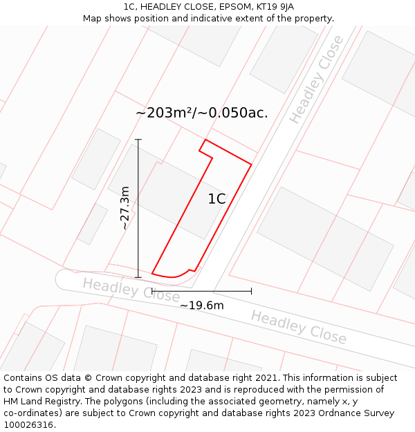 1C, HEADLEY CLOSE, EPSOM, KT19 9JA: Plot and title map