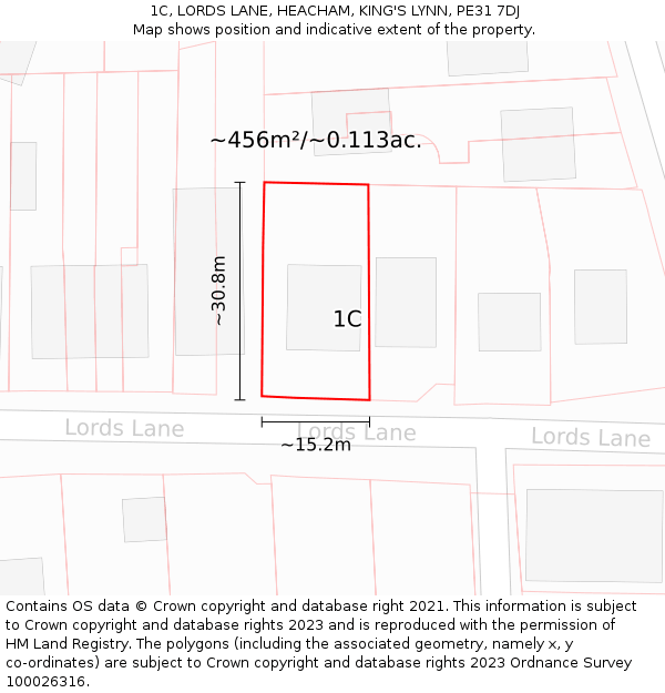 1C, LORDS LANE, HEACHAM, KING'S LYNN, PE31 7DJ: Plot and title map