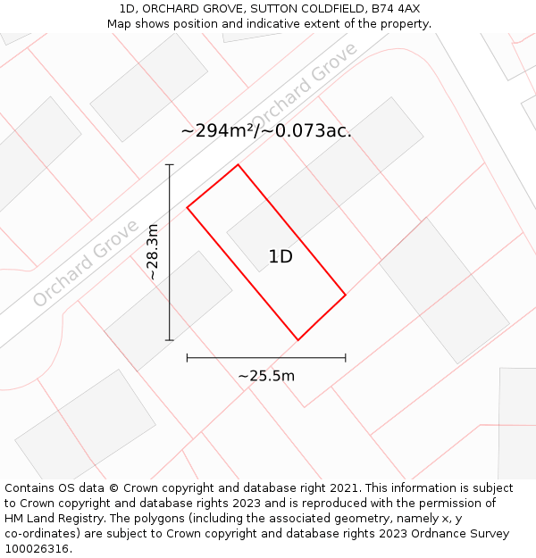 1D, ORCHARD GROVE, SUTTON COLDFIELD, B74 4AX: Plot and title map