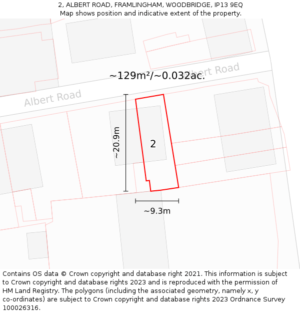 2, ALBERT ROAD, FRAMLINGHAM, WOODBRIDGE, IP13 9EQ: Plot and title map