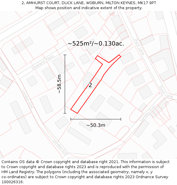 2, AMHURST COURT, DUCK LANE, WOBURN, MILTON KEYNES, MK17 9PT: Plot and title map
