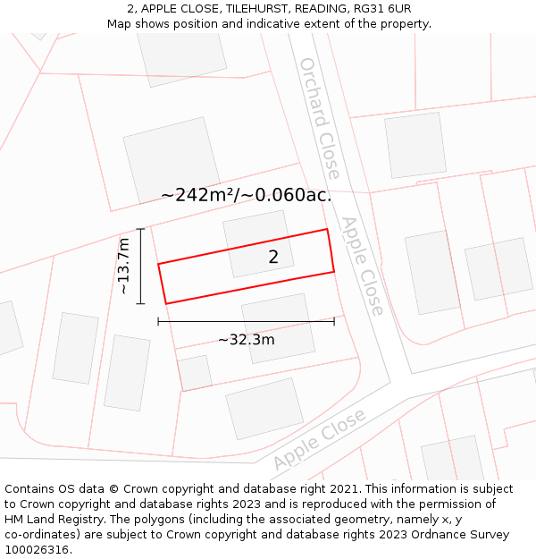 2, APPLE CLOSE, TILEHURST, READING, RG31 6UR: Plot and title map