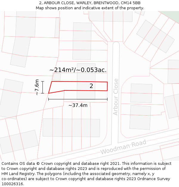 2, ARBOUR CLOSE, WARLEY, BRENTWOOD, CM14 5BB: Plot and title map