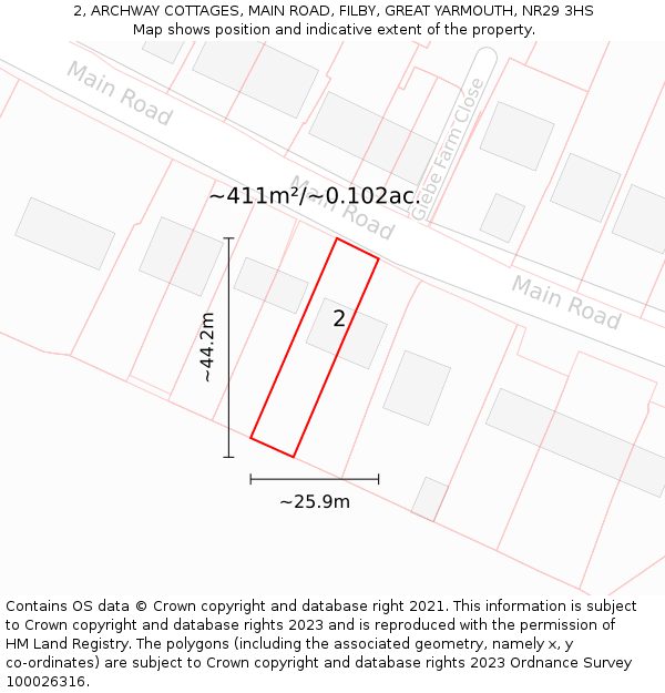 2, ARCHWAY COTTAGES, MAIN ROAD, FILBY, GREAT YARMOUTH, NR29 3HS: Plot and title map