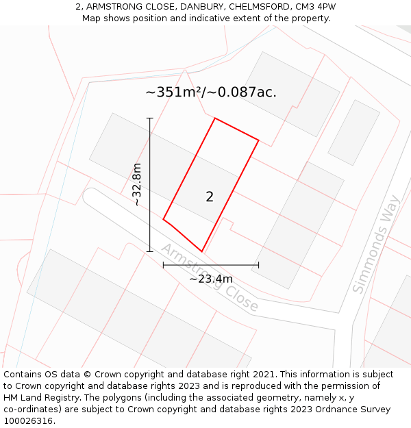 2, ARMSTRONG CLOSE, DANBURY, CHELMSFORD, CM3 4PW: Plot and title map