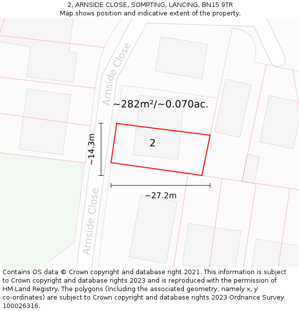 2, ARNSIDE CLOSE, SOMPTING, LANCING, BN15 9TR: Plot and title map