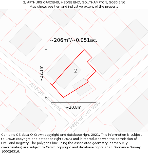 2, ARTHURS GARDENS, HEDGE END, SOUTHAMPTON, SO30 2NG: Plot and title map