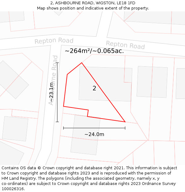 2, ASHBOURNE ROAD, WIGSTON, LE18 1FD: Plot and title map