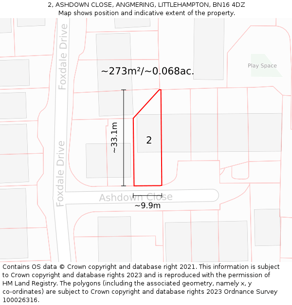 2, ASHDOWN CLOSE, ANGMERING, LITTLEHAMPTON, BN16 4DZ: Plot and title map
