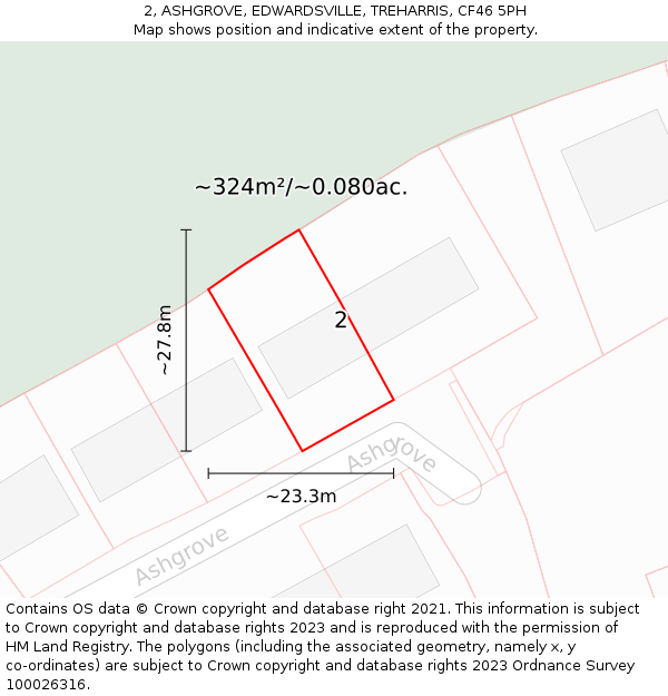 2, ASHGROVE, EDWARDSVILLE, TREHARRIS, CF46 5PH: Plot and title map