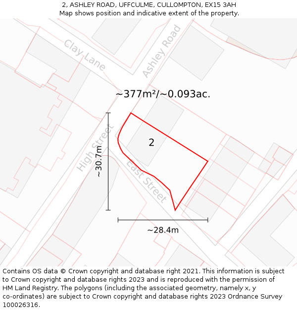 2, ASHLEY ROAD, UFFCULME, CULLOMPTON, EX15 3AH: Plot and title map