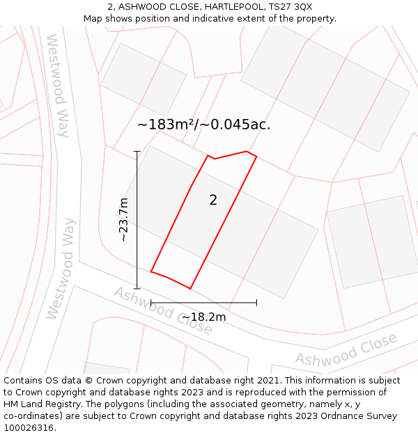 2, ASHWOOD CLOSE, HARTLEPOOL, TS27 3QX: Plot and title map