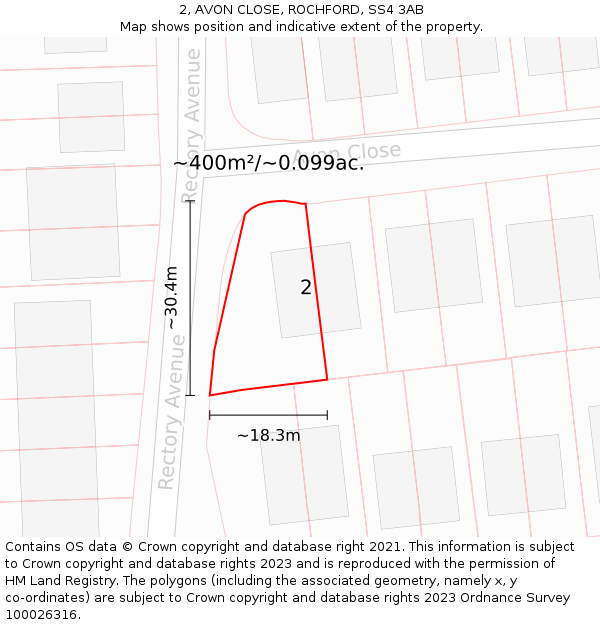 2, AVON CLOSE, ROCHFORD, SS4 3AB: Plot and title map