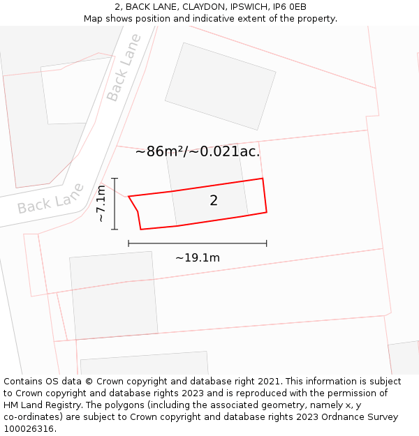 2, BACK LANE, CLAYDON, IPSWICH, IP6 0EB: Plot and title map