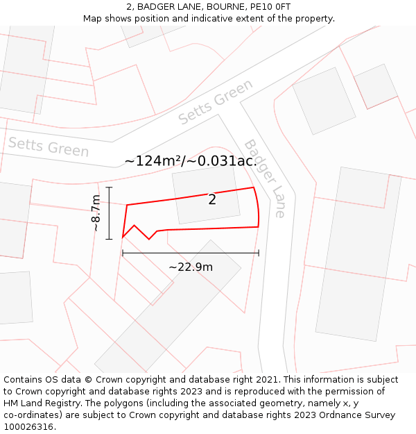 2, BADGER LANE, BOURNE, PE10 0FT: Plot and title map