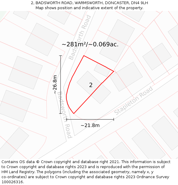 2, BADSWORTH ROAD, WARMSWORTH, DONCASTER, DN4 9LH: Plot and title map
