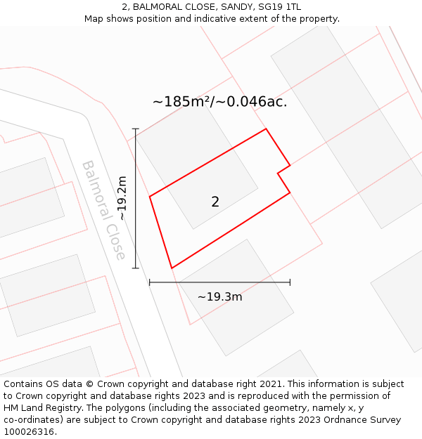 2, BALMORAL CLOSE, SANDY, SG19 1TL: Plot and title map