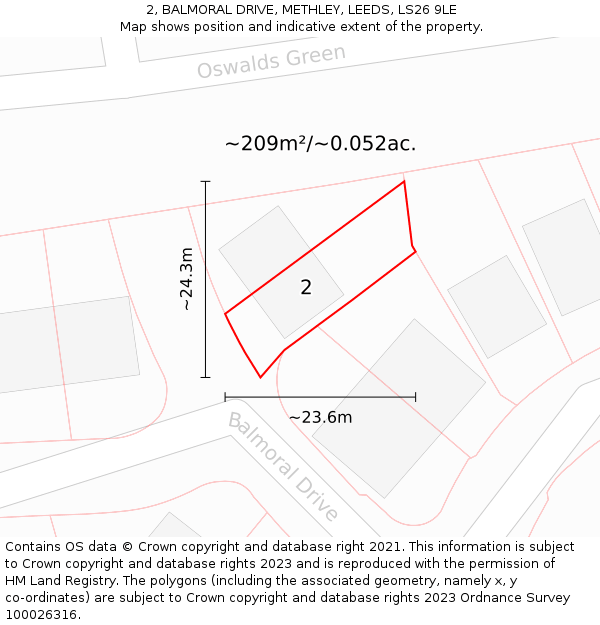 2, BALMORAL DRIVE, METHLEY, LEEDS, LS26 9LE: Plot and title map