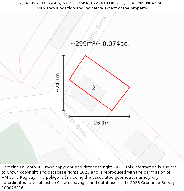 2, BANKS COTTAGES, NORTH BANK, HAYDON BRIDGE, HEXHAM, NE47 6LZ: Plot and title map