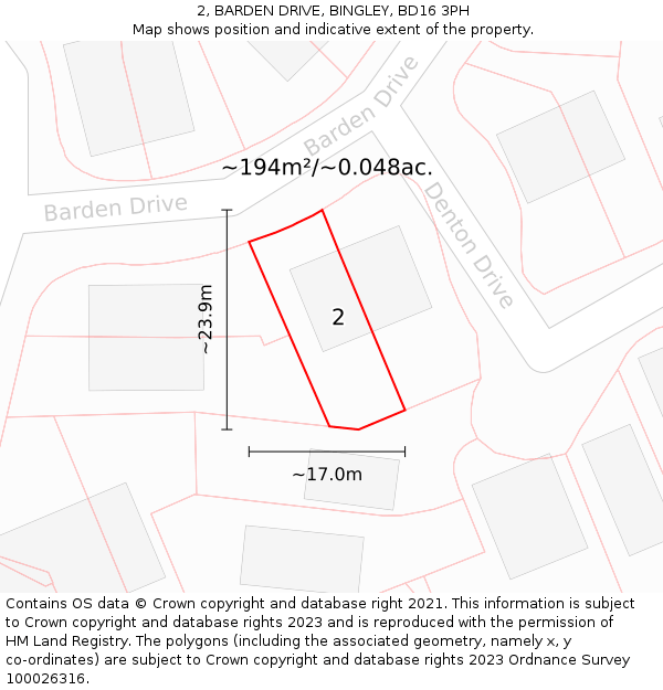 2, BARDEN DRIVE, BINGLEY, BD16 3PH: Plot and title map