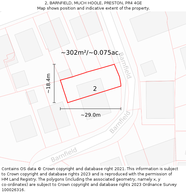 2, BARNFIELD, MUCH HOOLE, PRESTON, PR4 4GE: Plot and title map