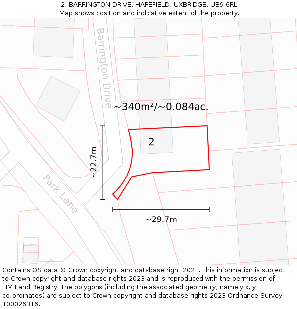 2, BARRINGTON DRIVE, HAREFIELD, UXBRIDGE, UB9 6RL: Plot and title map