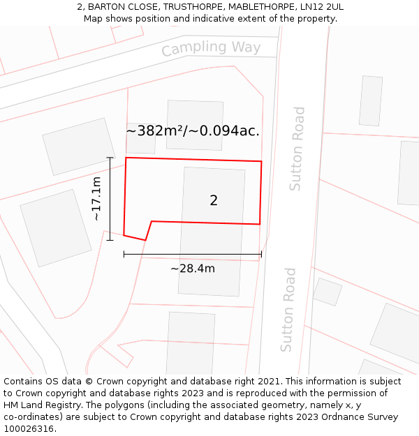 2, BARTON CLOSE, TRUSTHORPE, MABLETHORPE, LN12 2UL: Plot and title map
