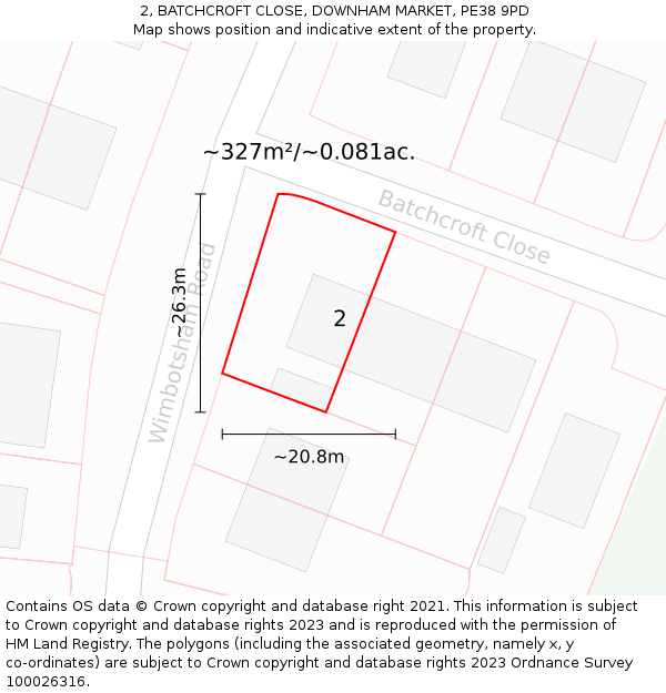 2, BATCHCROFT CLOSE, DOWNHAM MARKET, PE38 9PD: Plot and title map