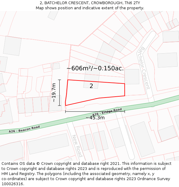 2, BATCHELOR CRESCENT, CROWBOROUGH, TN6 2TY: Plot and title map