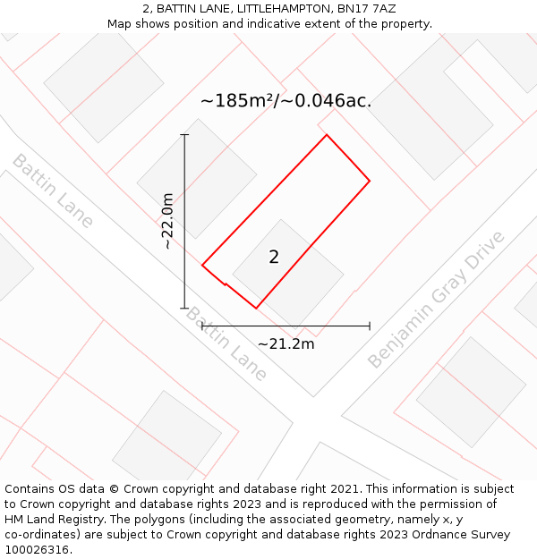 2, BATTIN LANE, LITTLEHAMPTON, BN17 7AZ: Plot and title map