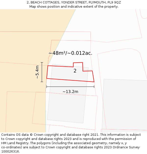 2, BEACH COTTAGES, YONDER STREET, PLYMOUTH, PL9 9QZ: Plot and title map