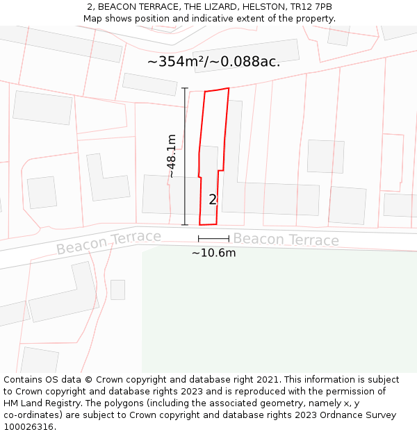 2, BEACON TERRACE, THE LIZARD, HELSTON, TR12 7PB: Plot and title map