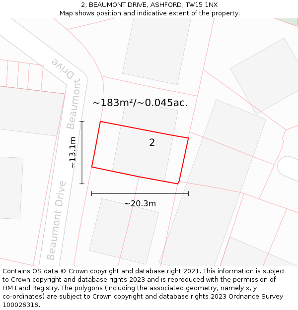 2, BEAUMONT DRIVE, ASHFORD, TW15 1NX: Plot and title map