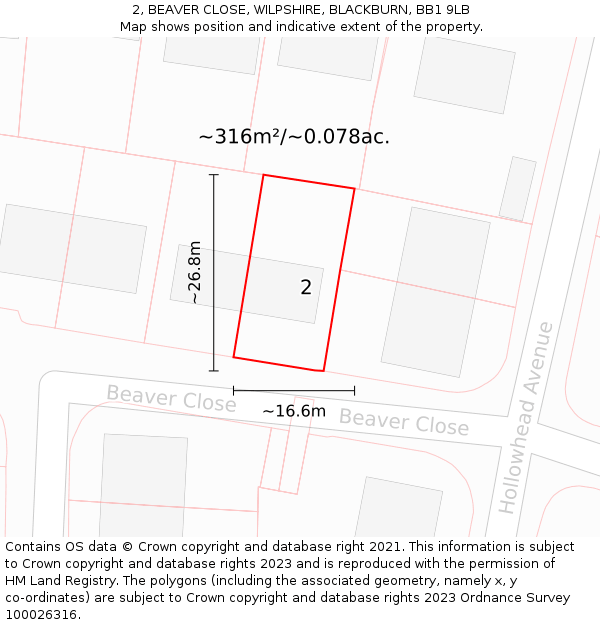 2, BEAVER CLOSE, WILPSHIRE, BLACKBURN, BB1 9LB: Plot and title map