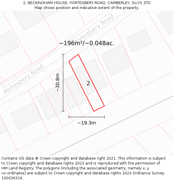 2, BECKINGHAM HOUSE, PORTESBERY ROAD, CAMBERLEY, GU15 3TD: Plot and title map