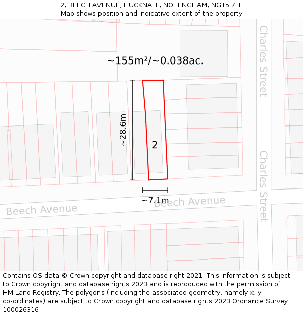 2, BEECH AVENUE, HUCKNALL, NOTTINGHAM, NG15 7FH: Plot and title map