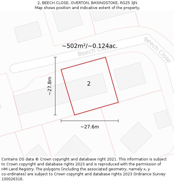 2, BEECH CLOSE, OVERTON, BASINGSTOKE, RG25 3JN: Plot and title map